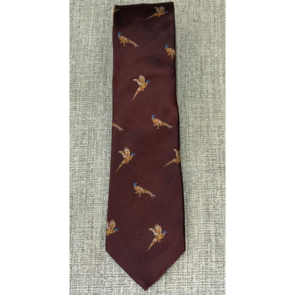 Robert Jensen Mens Silk Tie Burgundy Pheasant Bird Print Hand Sewn Made in Italy